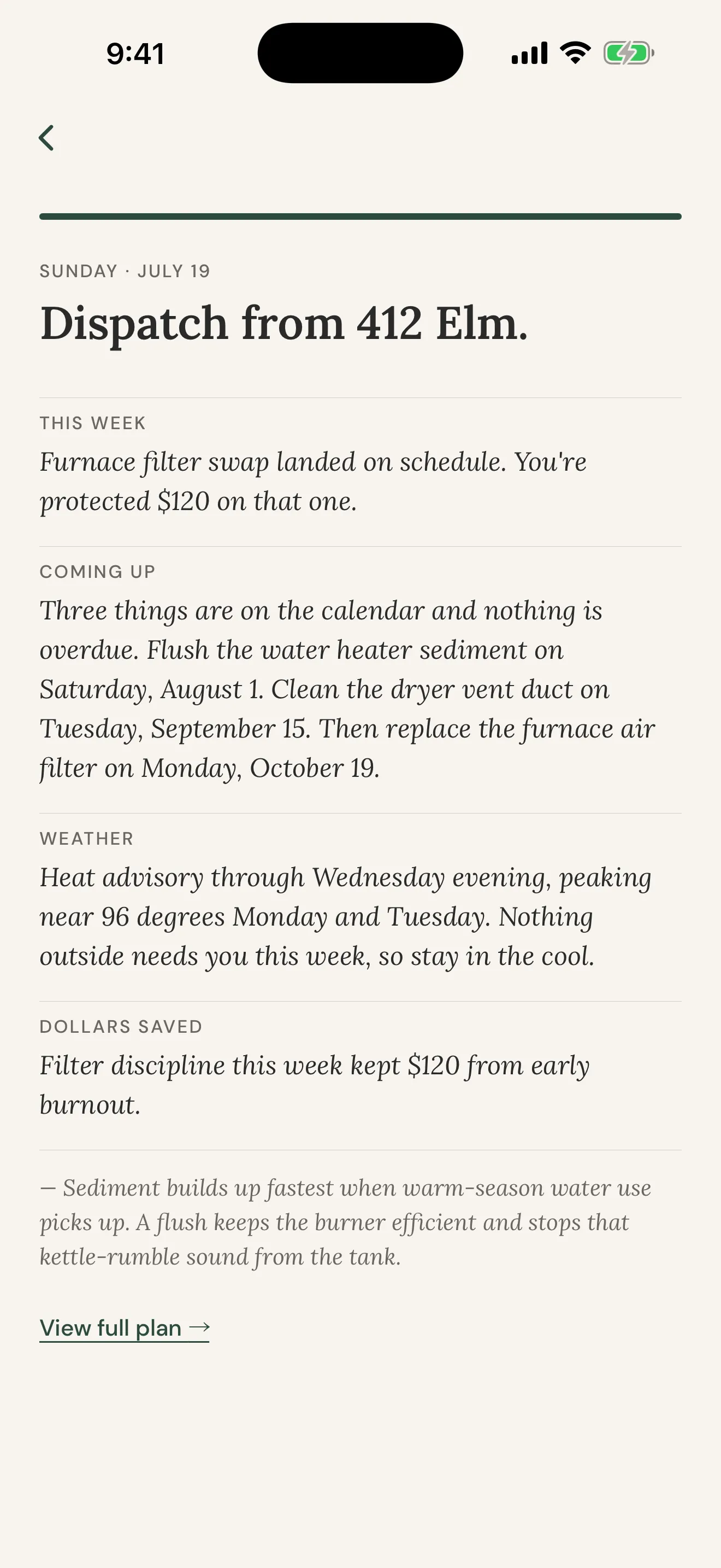 The Sunday Brief screen: this week, coming up, weather, and dollars saved.