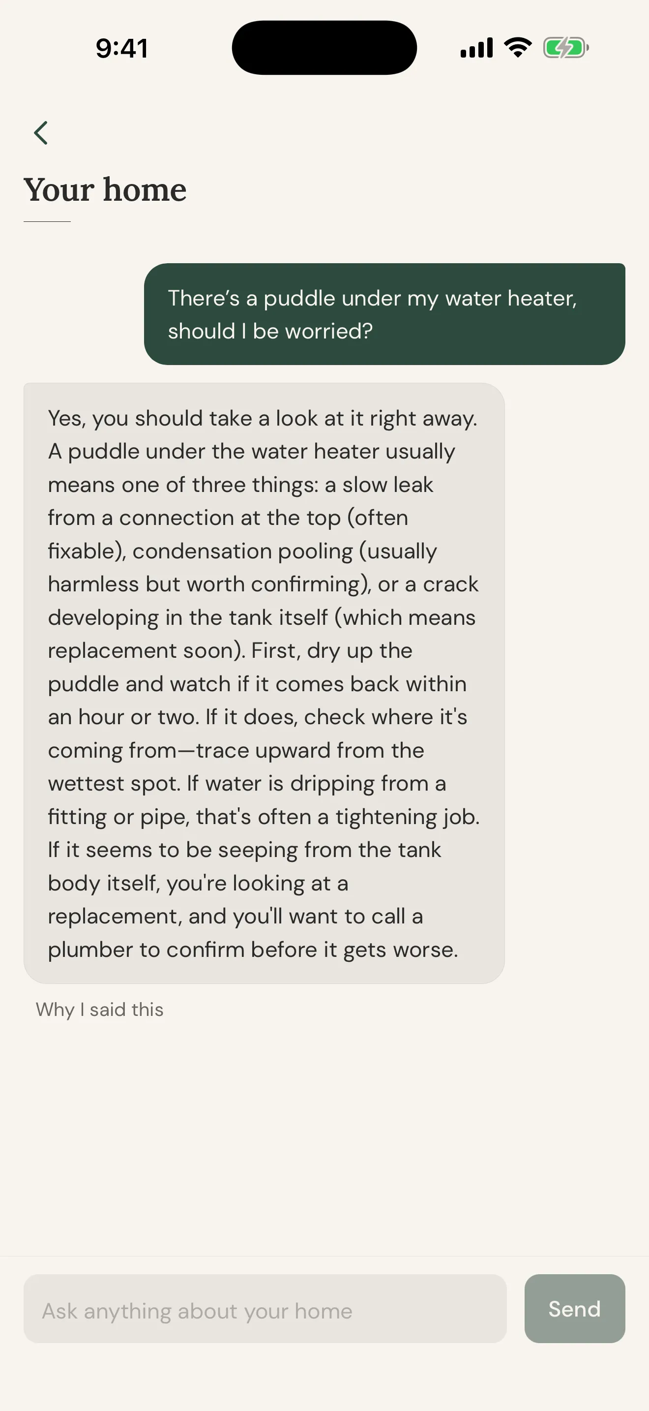 The chat screen: ask the agent anything about your house.
