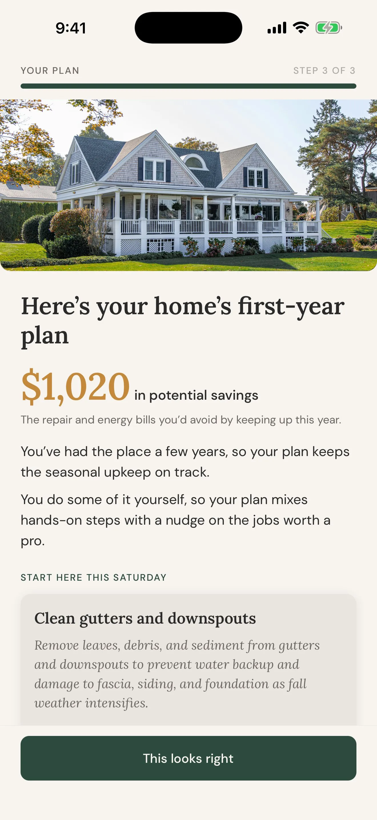 Kempt's first-year plan for a sample house: a photo of the house, $1,020 in potential savings, and the first job to start this Saturday.
