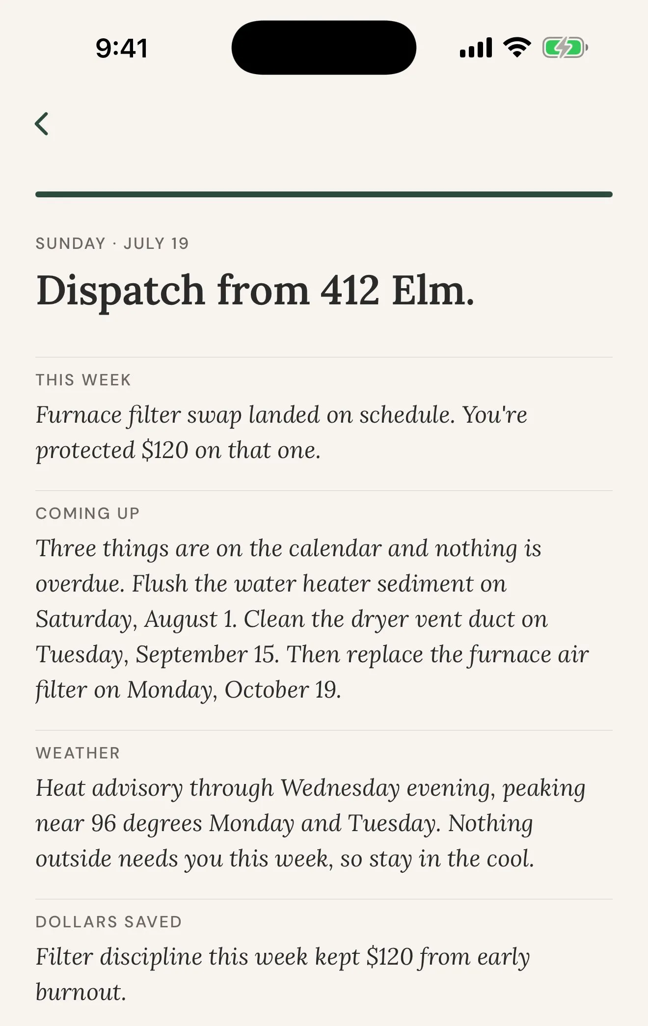 A Sunday Brief for the sample house at 412 Elm: this week, coming up, the weather, and dollars saved.