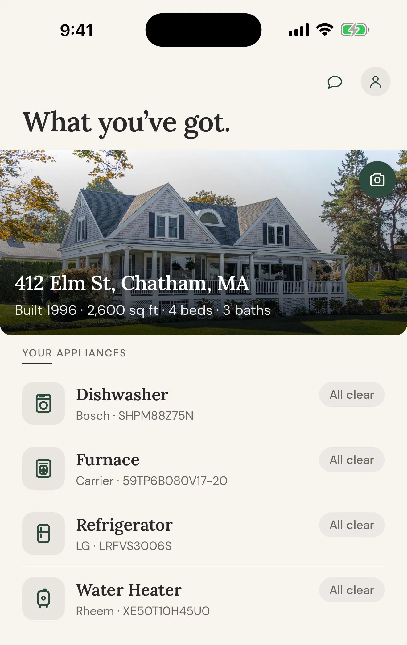 The House screen: a dishwasher, furnace, refrigerator, and water heater on file, each with its make and model.