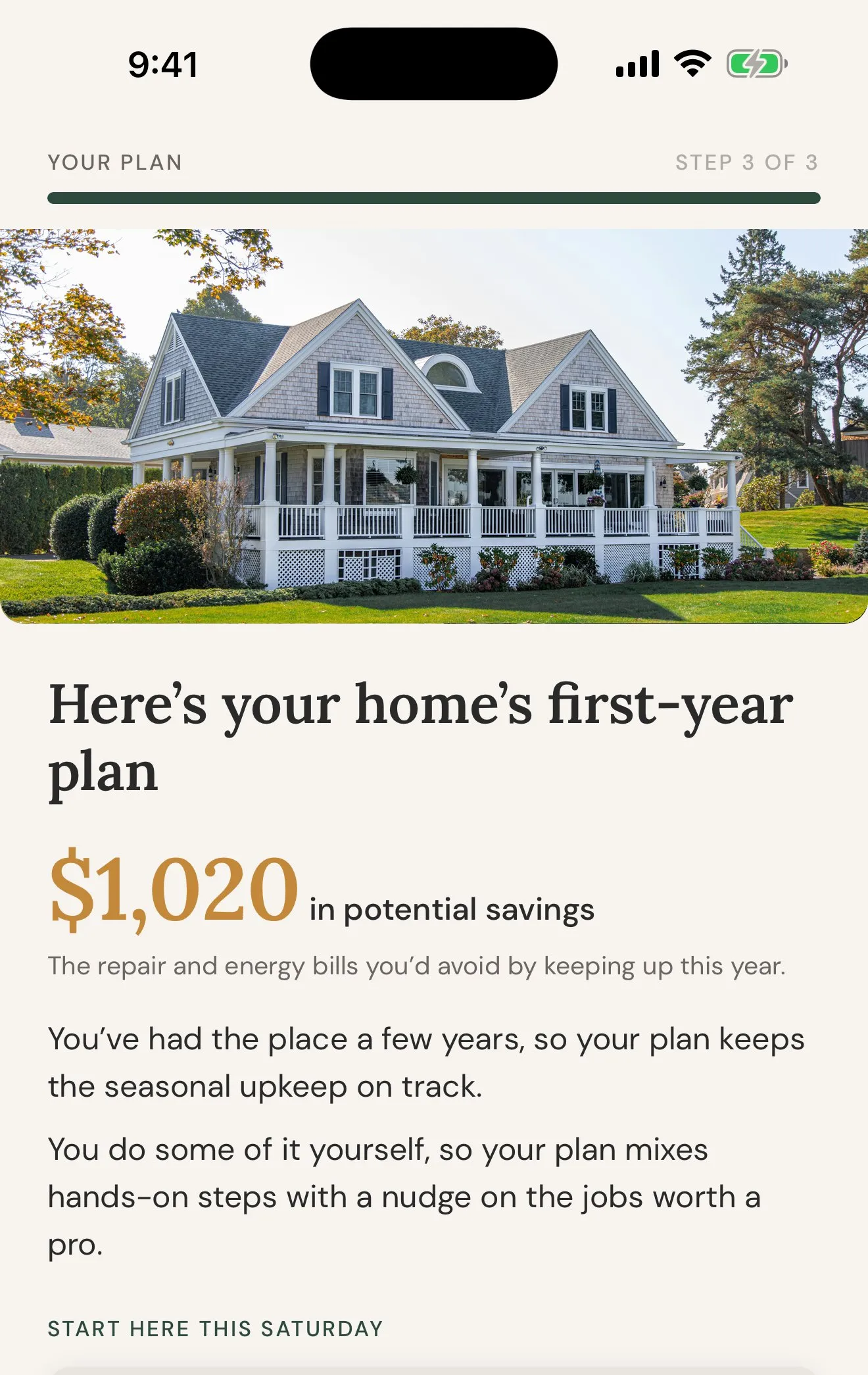 The first-year plan screen: a photo of the house and $1,020 in potential savings.
