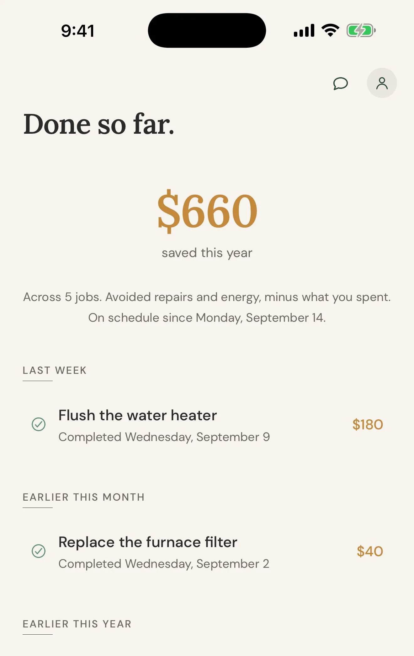 The Savings screen: $660 saved this year across 5 jobs, with each finished job and its dollar figure.