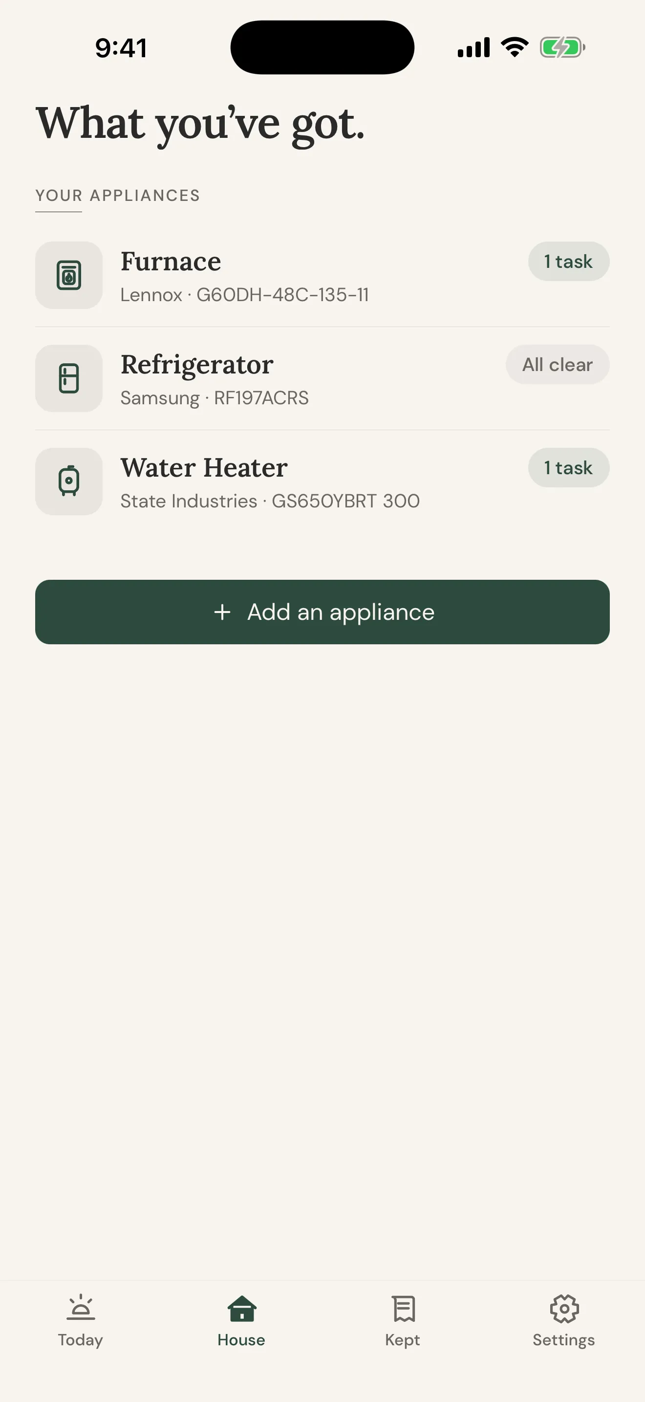 The House screen: every system and appliance on file.